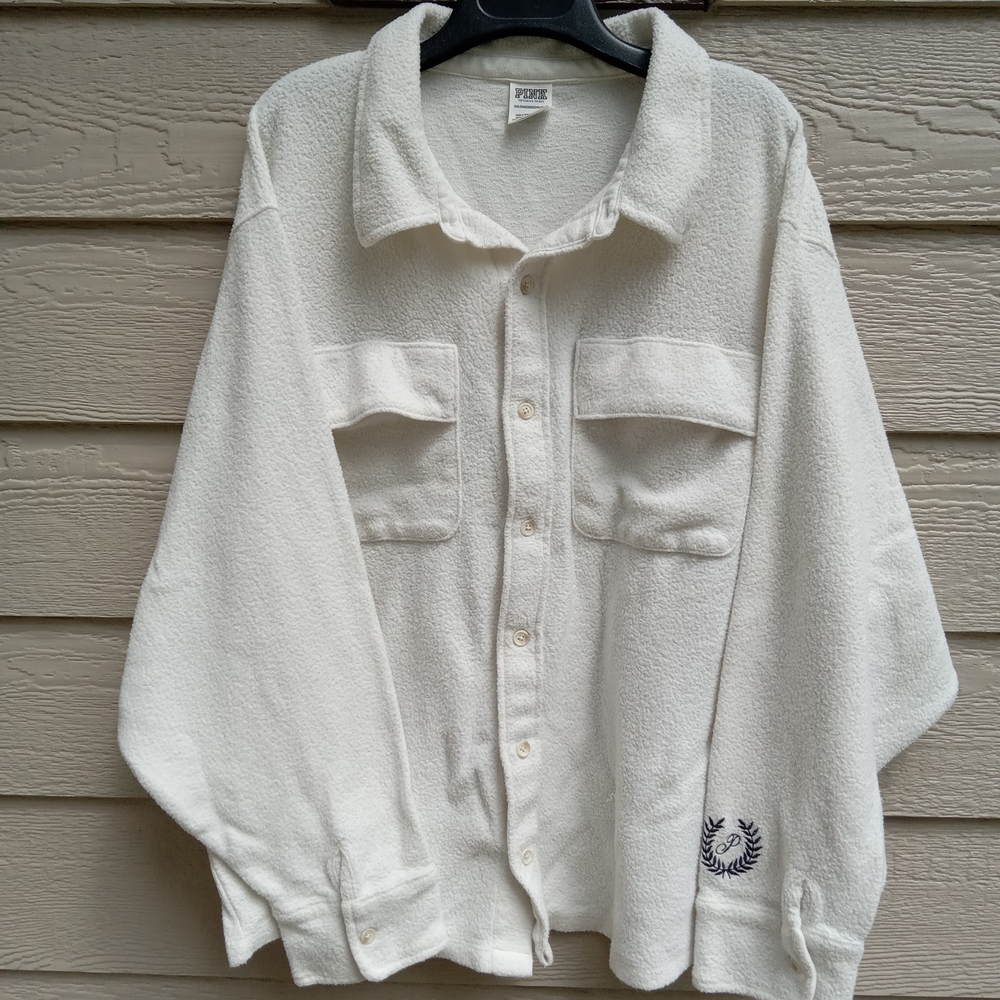 Victorias Secret PINK Women XL shacket White Reverse Fleece Buttons